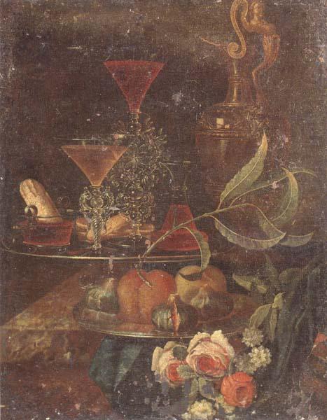 unknow artist Still Life of wine-glasses,a decanter,a glass bowl,sweet breads,figs and peaches upon pewter plates,together with a gilt ewer and flowers,all upon a m china oil painting image